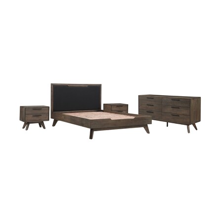 Armen Living Astoria 4 Piece Queen Bedroom Set in Oak with Black Faux Leather SETAHBDQN4A